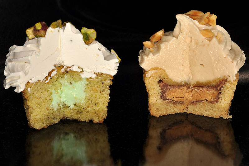 Pistachio with honey frosting and pistachio mousse filling,<br>and peanut butter with peanut butter frosting and Reese's Cup filling<br>August 14