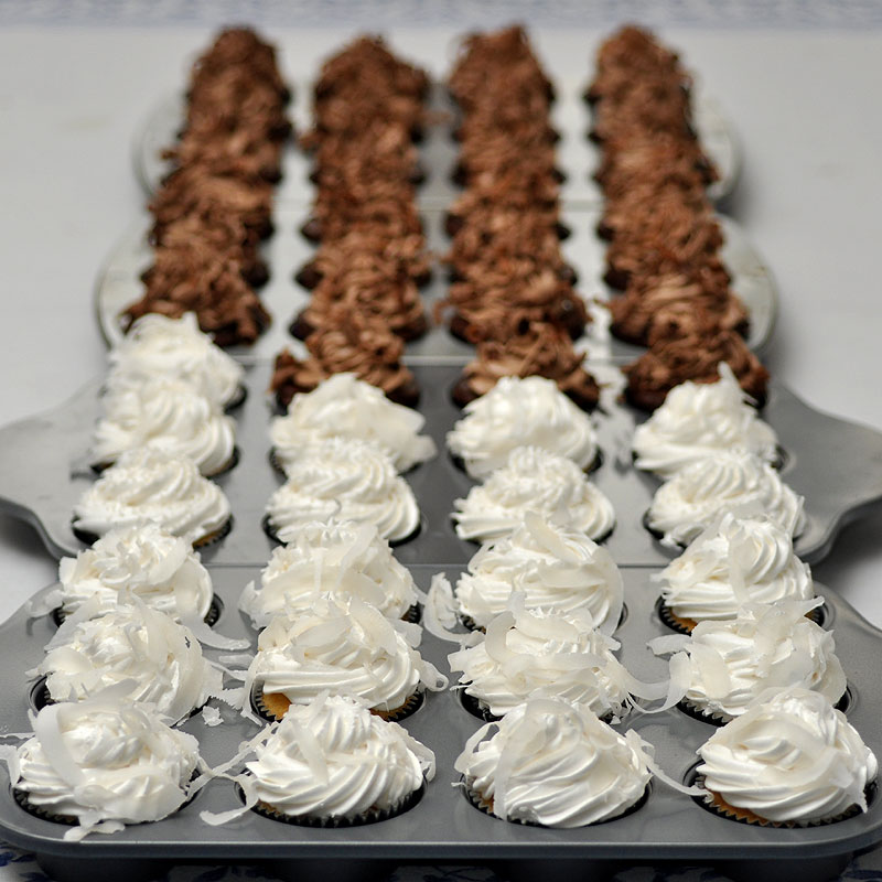Coconut with coconut pastry cream, coconut Italian meringue, and fresh shaved coconut,<br>and chocolate with chocolate pastry cream, chocolate buttercream, and milk chocolate curls<br>November 26